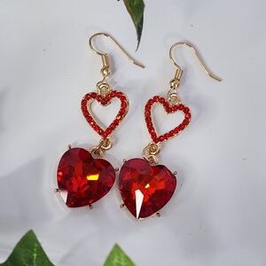 Gold with Red Crystal Double Heart Drop Earrings New